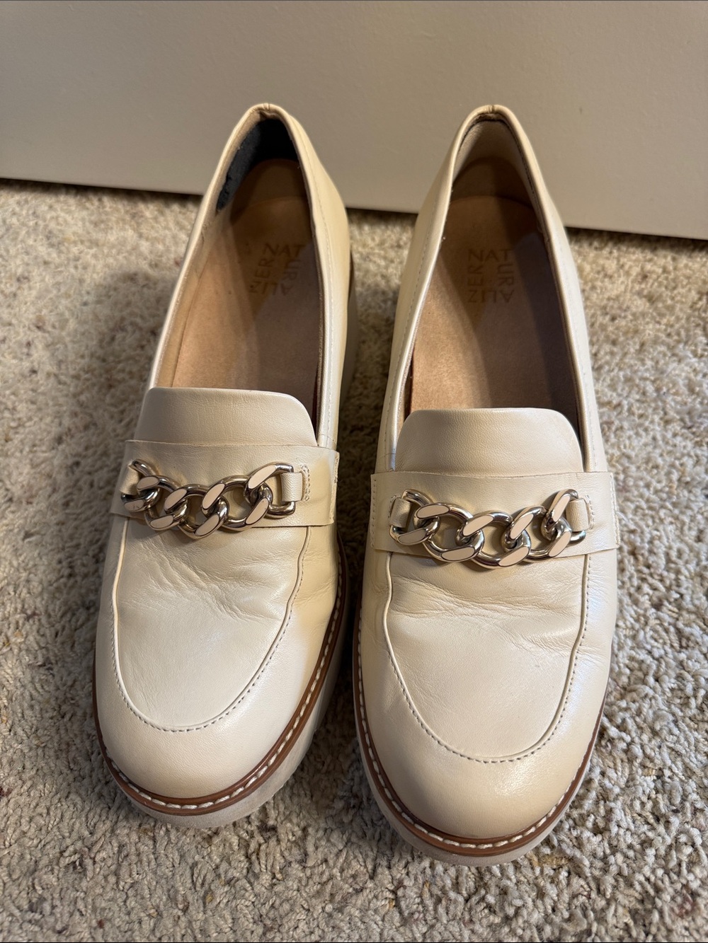 Naturalizer “Desi” Cream Chain-Trim Leather Loafers